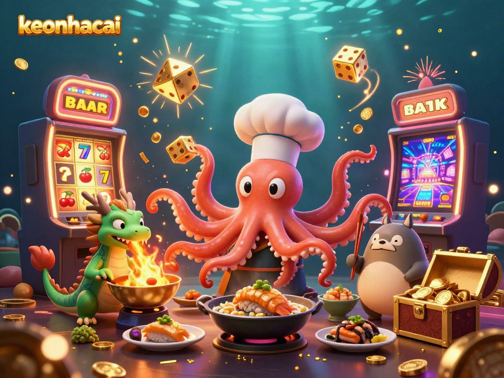 Experience the excitement of keonhacai with a vibrant casino scene featuring a sushi chef octopus and a dragon.