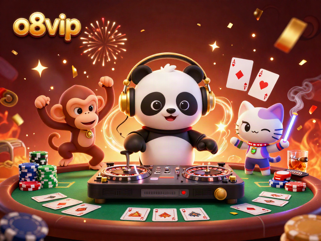 Engage with the energetic scene of o8vip, featuring a DJ panda, dancing monkey, and kitten in a vibrant casino.