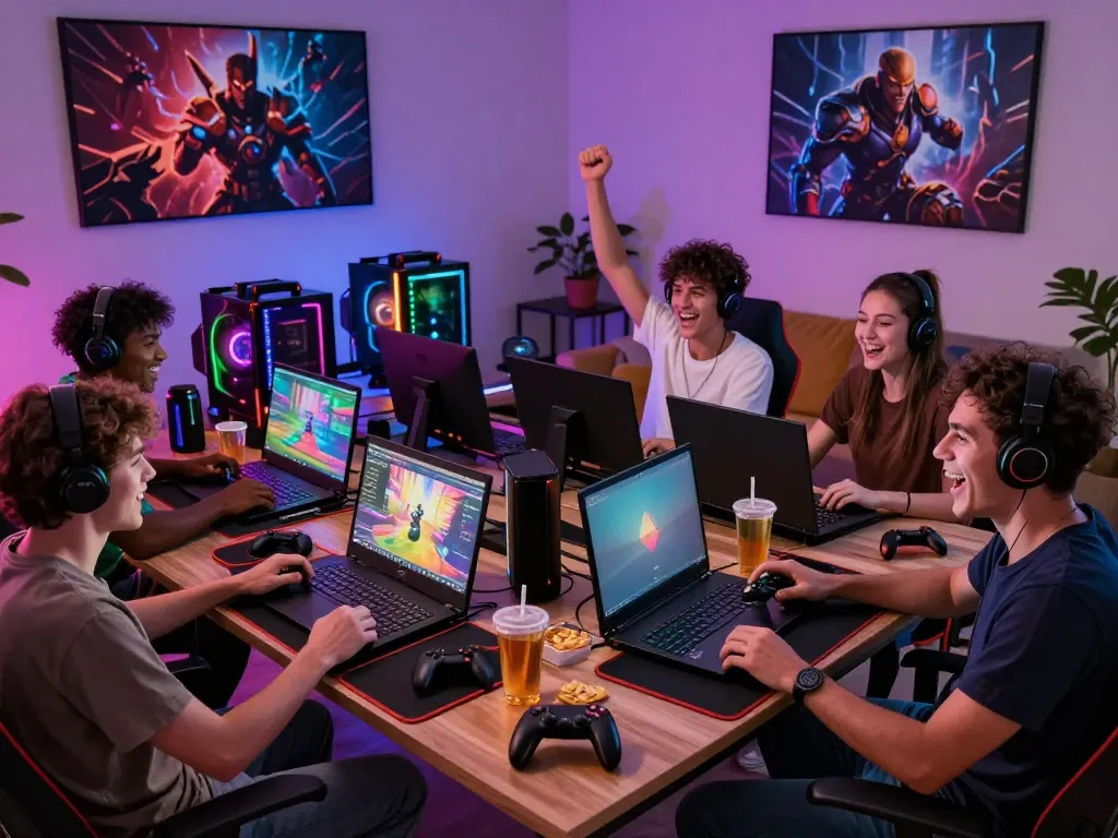 Friends enjoying a lively gaming session at home with 789club activities and vibrant atmosphere.