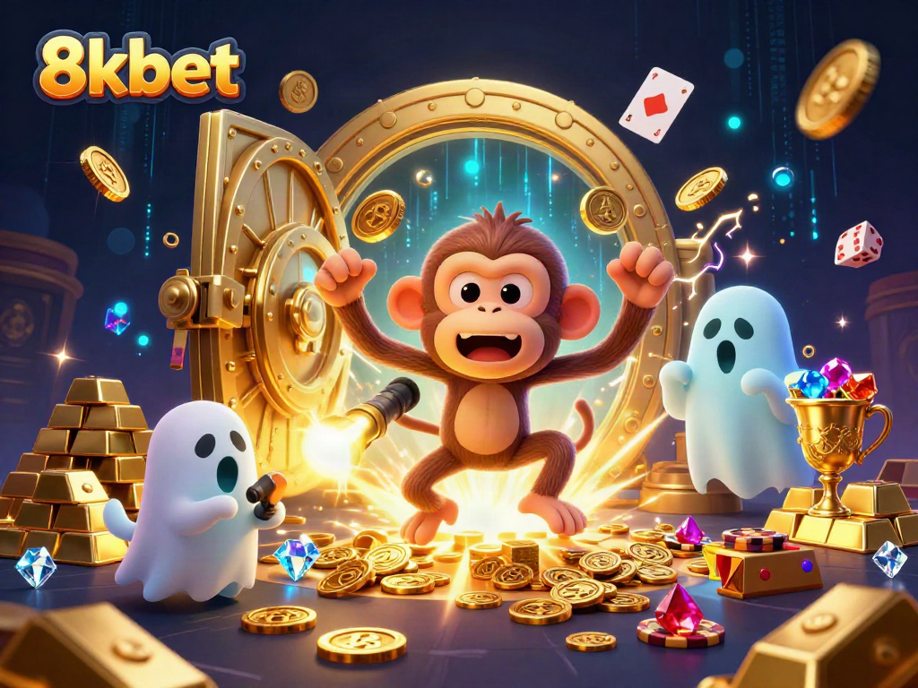 Win big at 8xbet with lively animated casino scene showcasing coins, cards, and treasures.