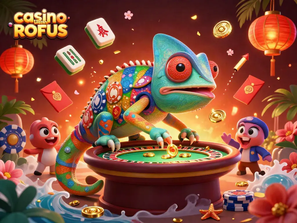 Engage with casino uden ROFUS featuring a vibrant chameleon owner amidst colorful games and festive elements.