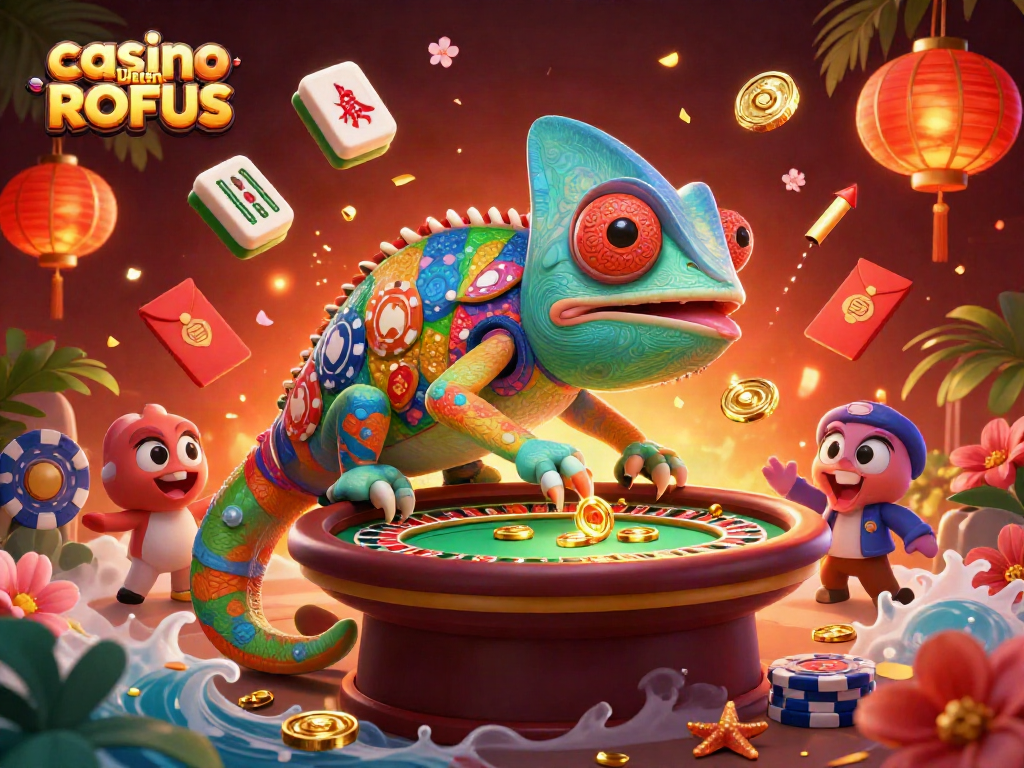 Engage with casino uden ROFUS featuring a vibrant chameleon owner amidst colorful games and festive elements.