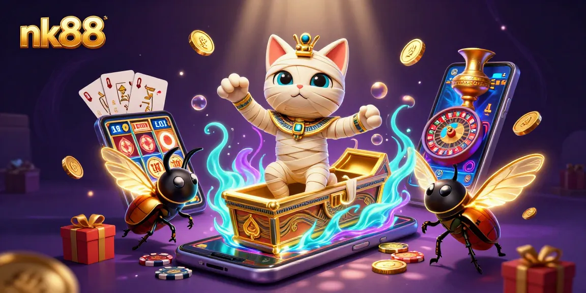 Experience thrilling slots at nk88 with an energetic mummy cat character amidst a vibrant casino.