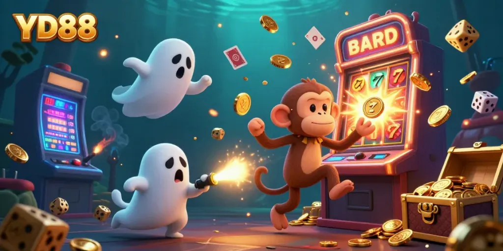 Experience the fun of YD88 with a lively gambling scene featuring a playful poltergeist monkey and a curious puppy tracking golden treasures.