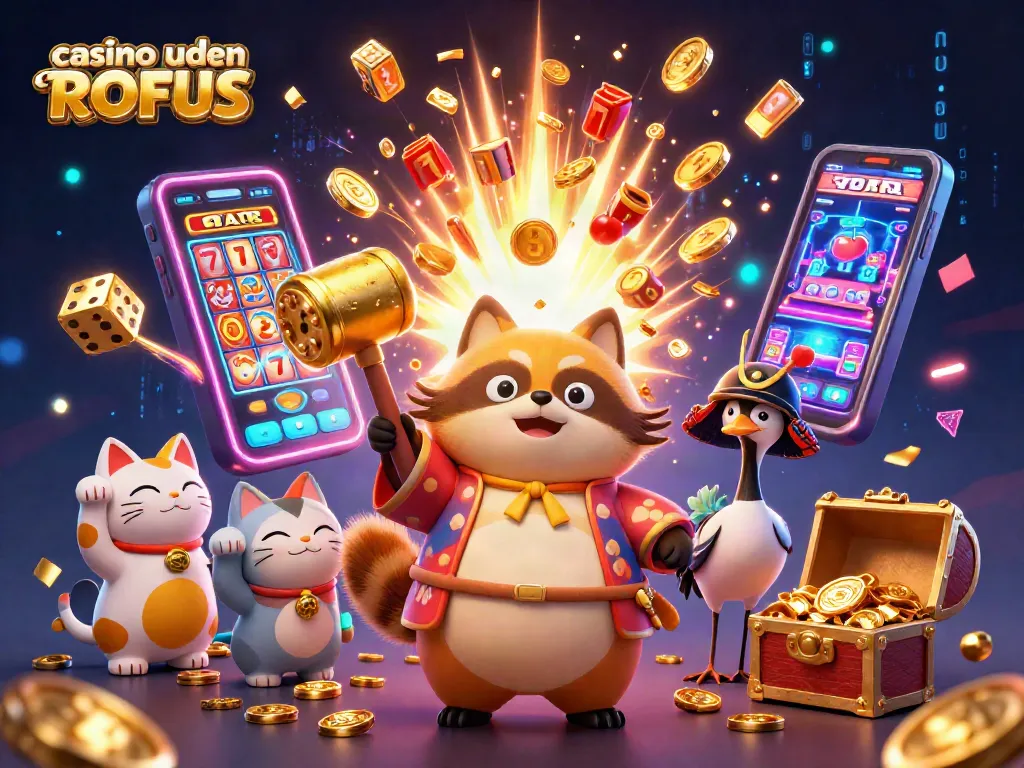 Spin and win at casino uden ROFUS with dynamic 3D characters and gaming elements in a vibrant scene.