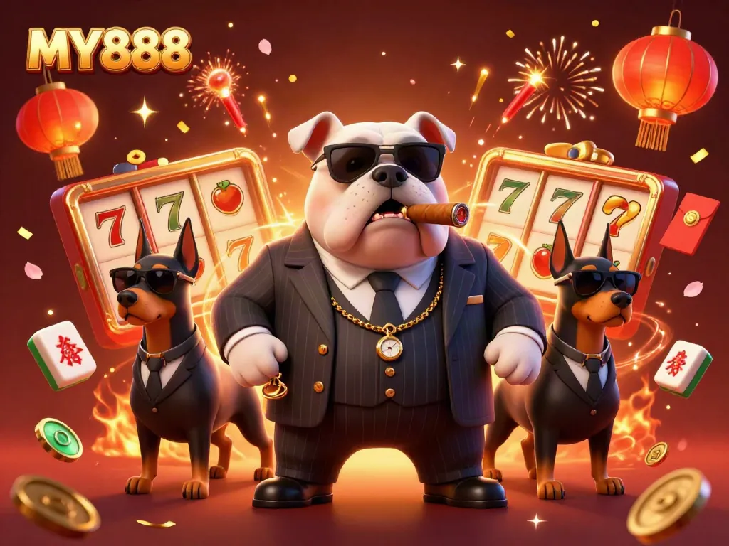 Engage with thrilling MY888 casino action featuring a mafia bulldog and bodyguard Dobermans amidst vibrant slot reels.