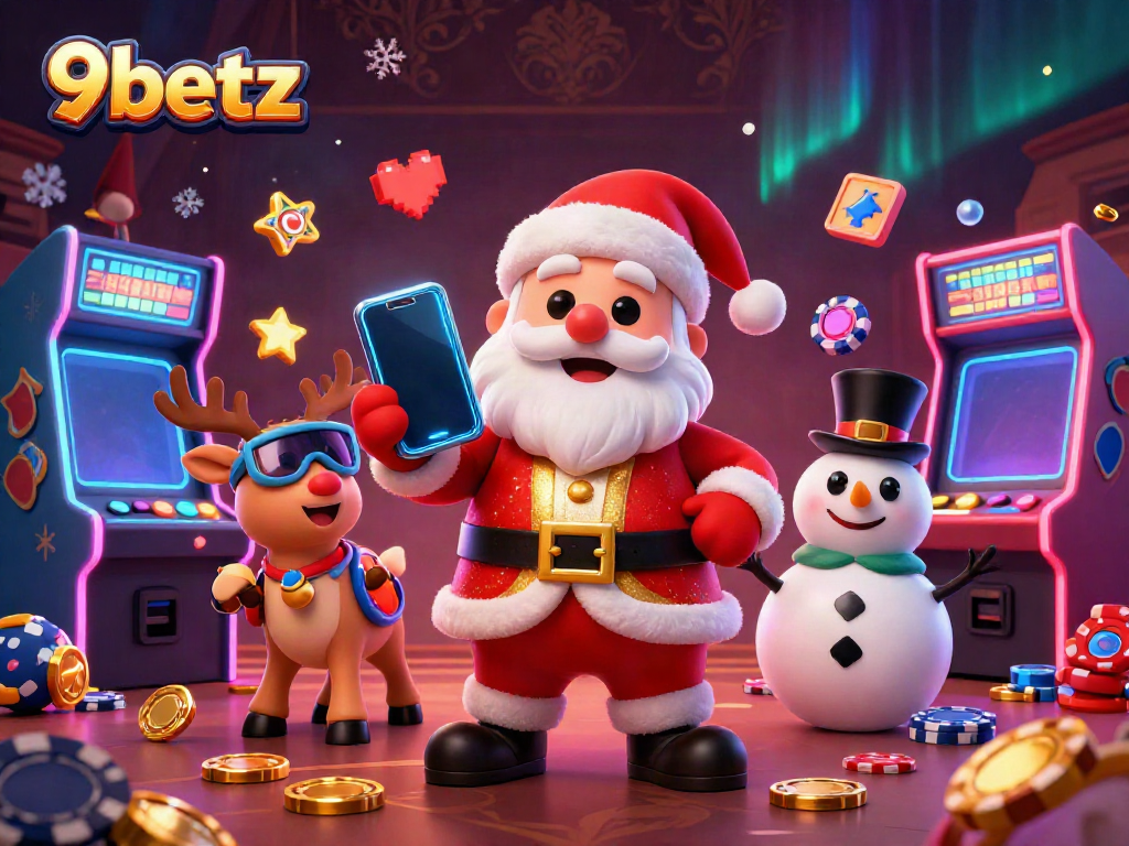 Engage with 9betz through a festive gaming scene featuring Santa and reindeer in a casino adventure.