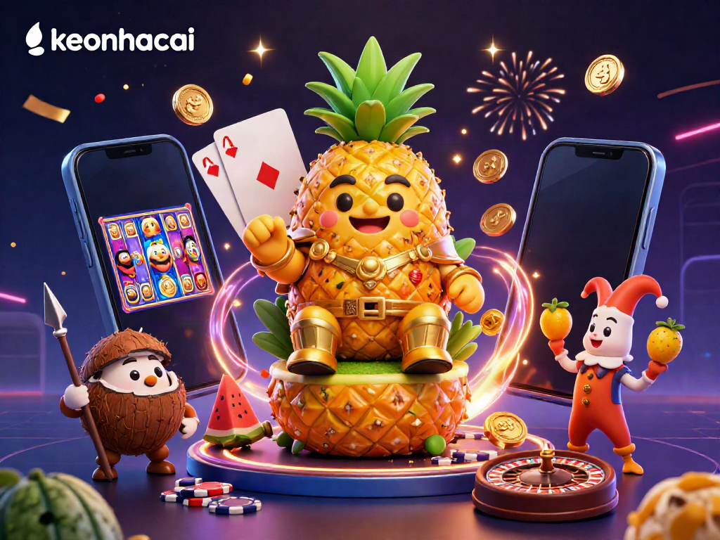 Experience the vibrant keonhacai scene with a golden pineapple king and playful casino elements.