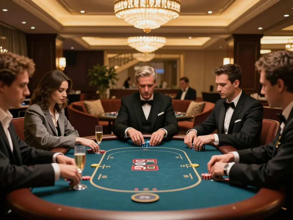 Players engaging in a high-stakes poker game at https://vipwin79.net/ luxurious VIP gaming area, showcasing elegance and strategy.