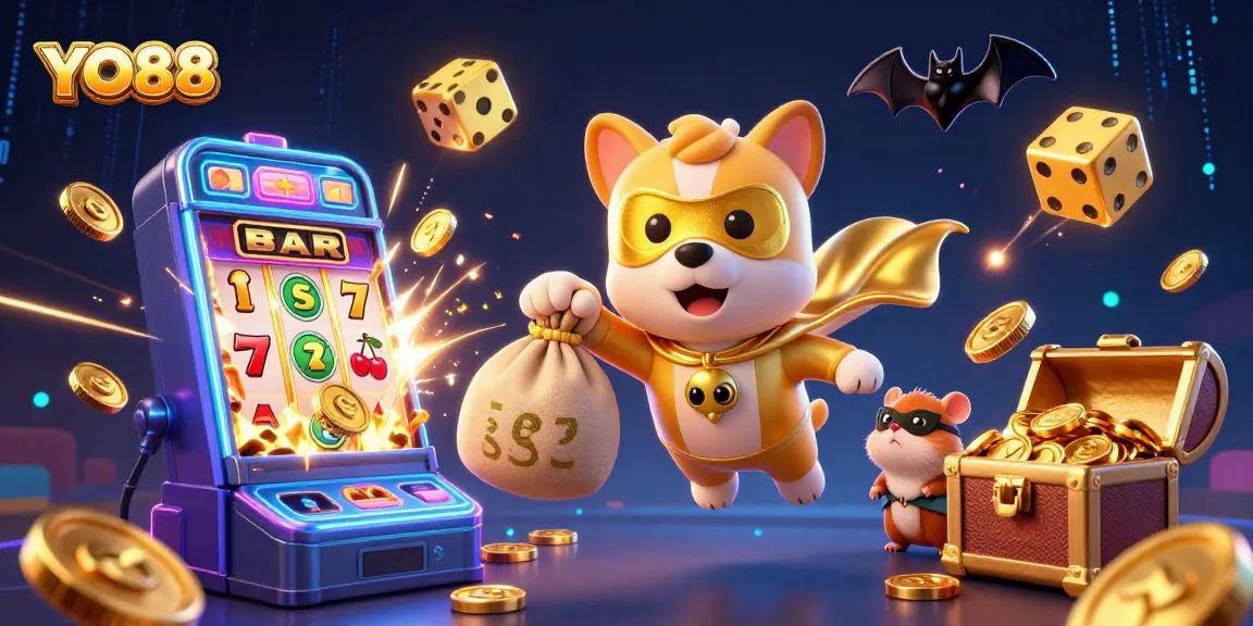 YO88 features a superhero dog with coins while showcasing dynamic casino elements and vibrant energy.