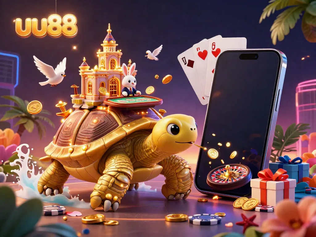 Engage in thrilling gameplay at uu88 with a vibrant scene featuring a golden tortoise casino, a rabbit dealer, and dynamic gaming elements.