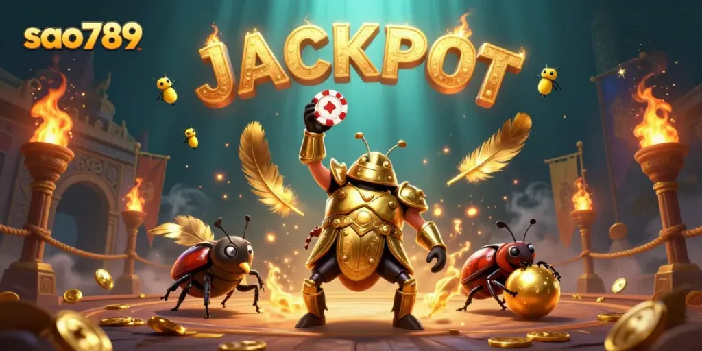 Experience the thrill with sao789 as a cartoon hercules beetle lifts a poker chip in victory among gold coins.
