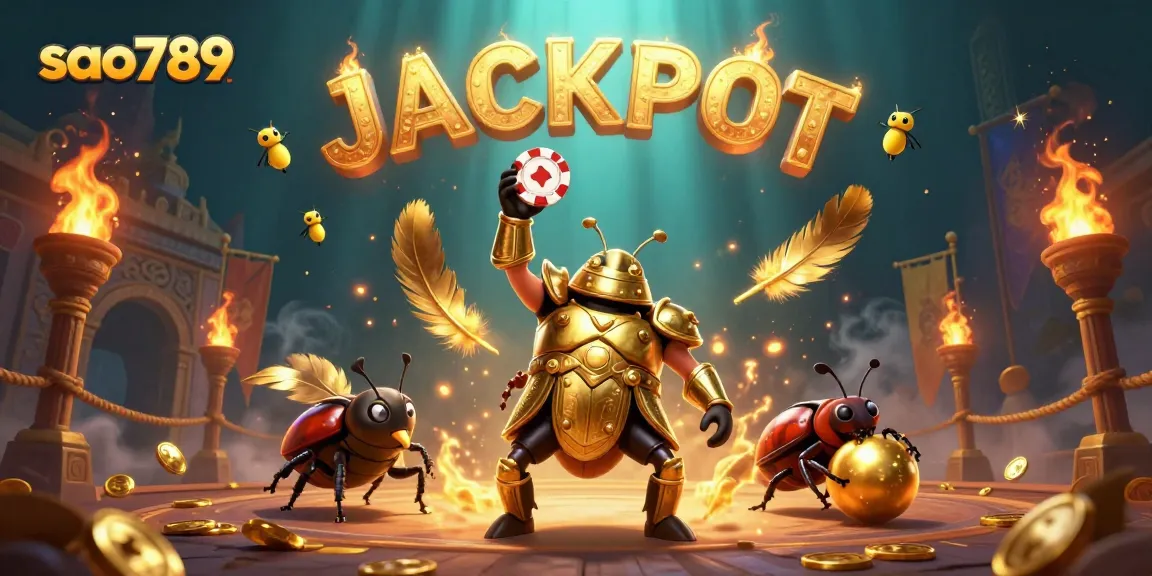 Experience the thrill with sao789 as a cartoon hercules beetle lifts a poker chip in victory among gold coins.