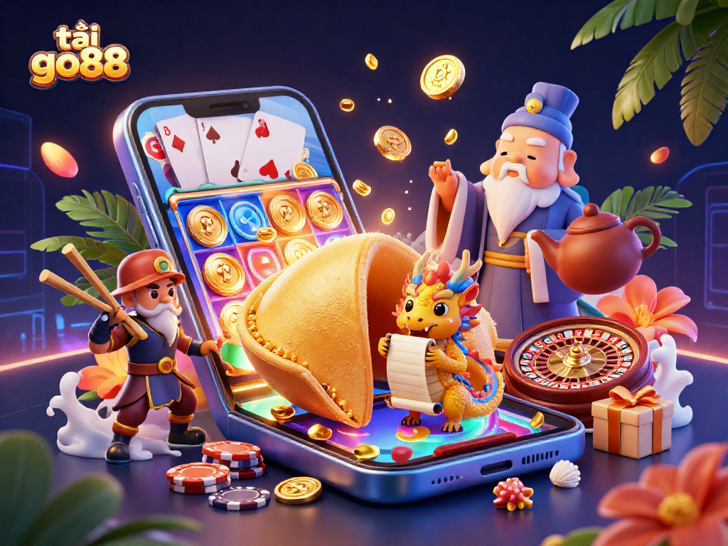 Experience gaming excitement with tải go88, featuring a golden fortune cookie, wise dragon, and vibrant casino elements.