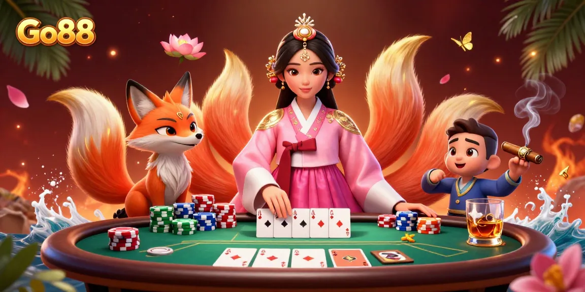 Engage in thrilling gameplay at Go88, showcasing a beautiful casino scene with poker elements and an enchanting backdrop.