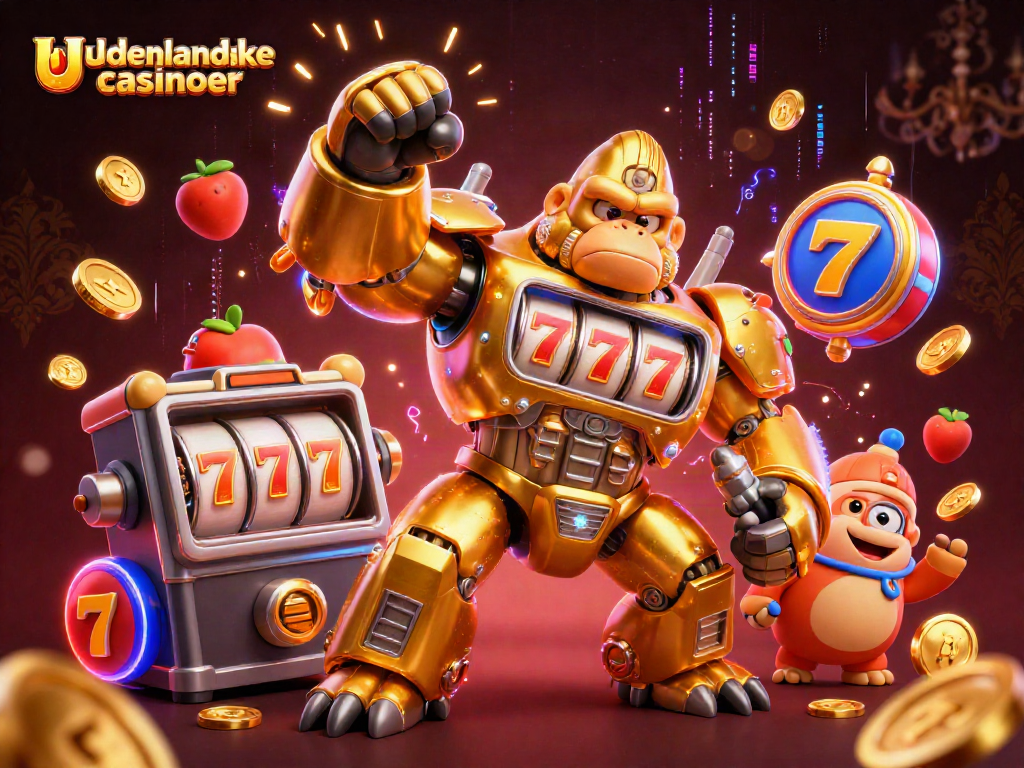 Engage with udenlandske casinoer by exploring a dynamic, vibrant 3D illustration of a golden gorilla mech in action.