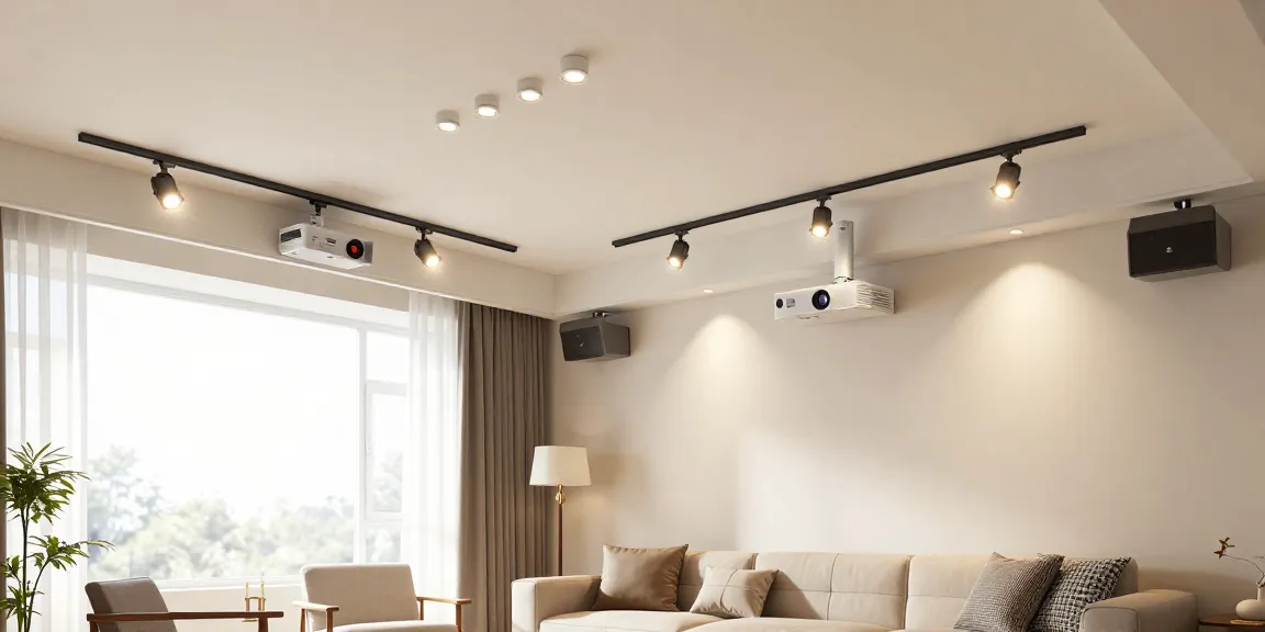 Iluminat cu sina magnetică în interior modern, evidențiind spoturi și proiectoare LED.