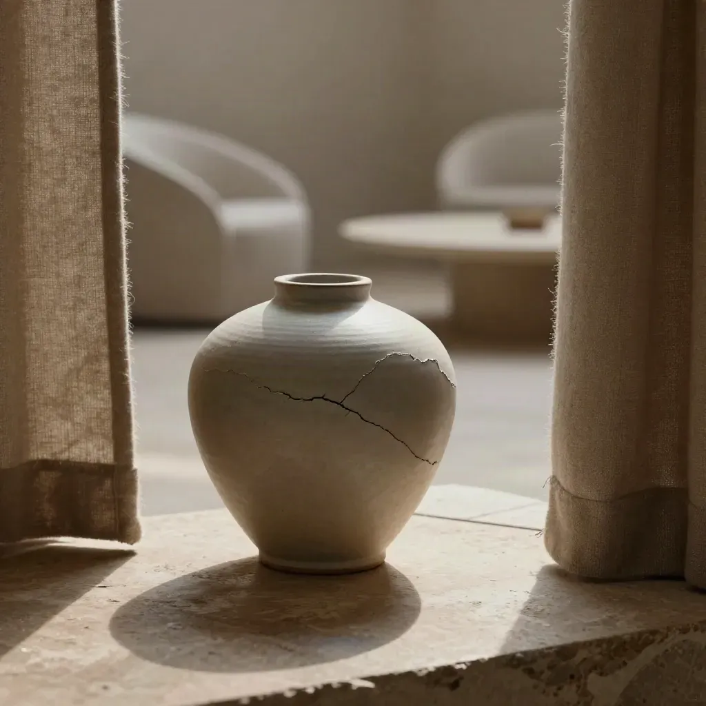 Macro of a repaired ceramic vessel and wool divider in a calm mediation nook
