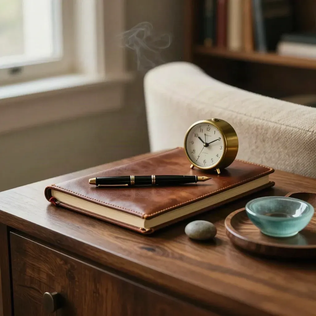 Coaching side table with leather notebook, brass timer, pen and decision stone in warm window light