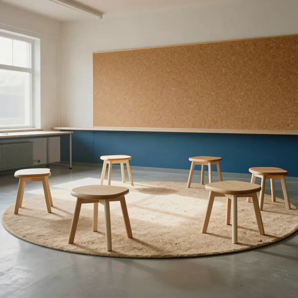 Freshly reset workshop room with six pale stools around a wool rug and blank cork wall