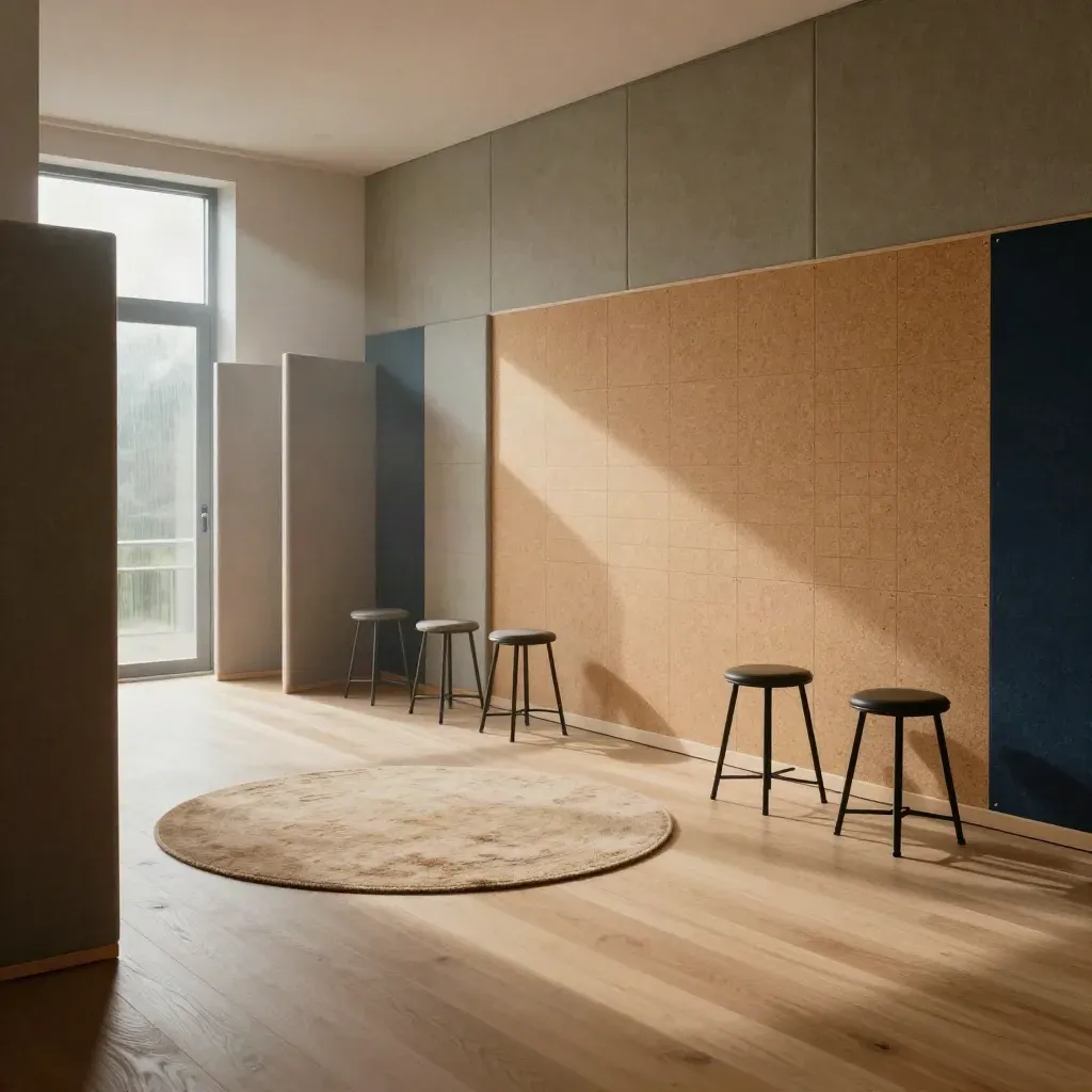 Moody workshop studio with stools, acoustic panels, cork wall, rug, and folding screens