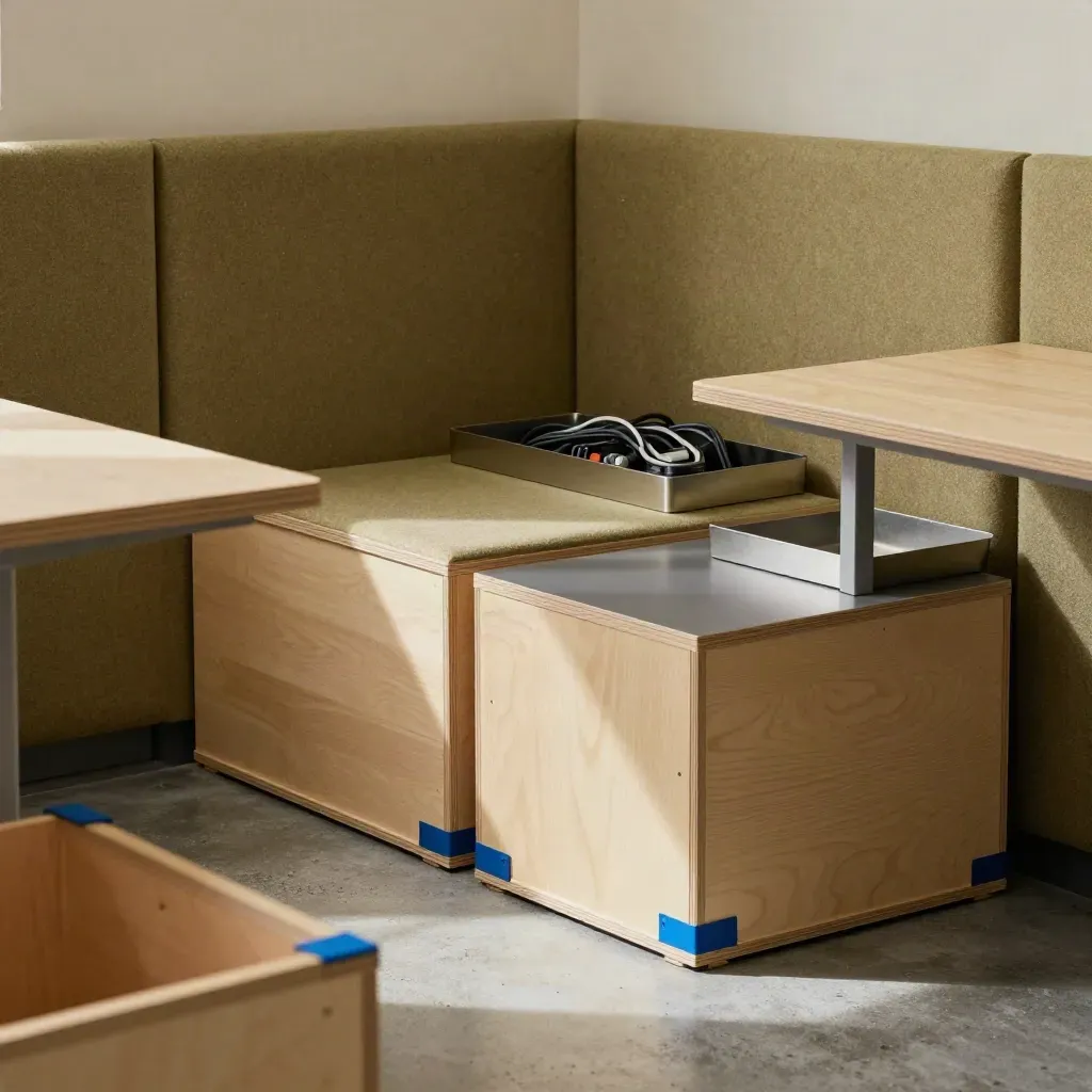 Modular office crates and acoustic panels settling into a calm change-support workspace.
