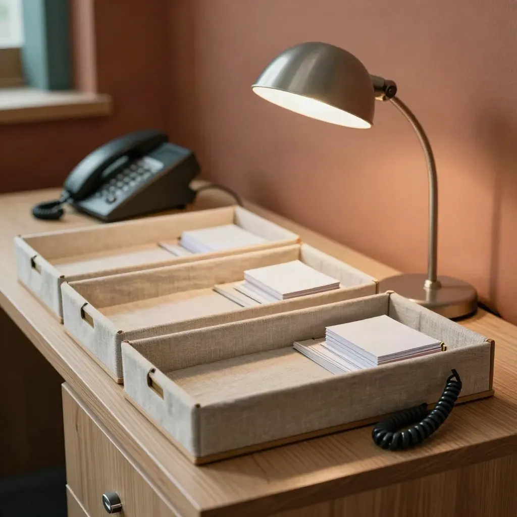 Three inbox trays, phone base and lamp on an oak credenza in a warm office corner.