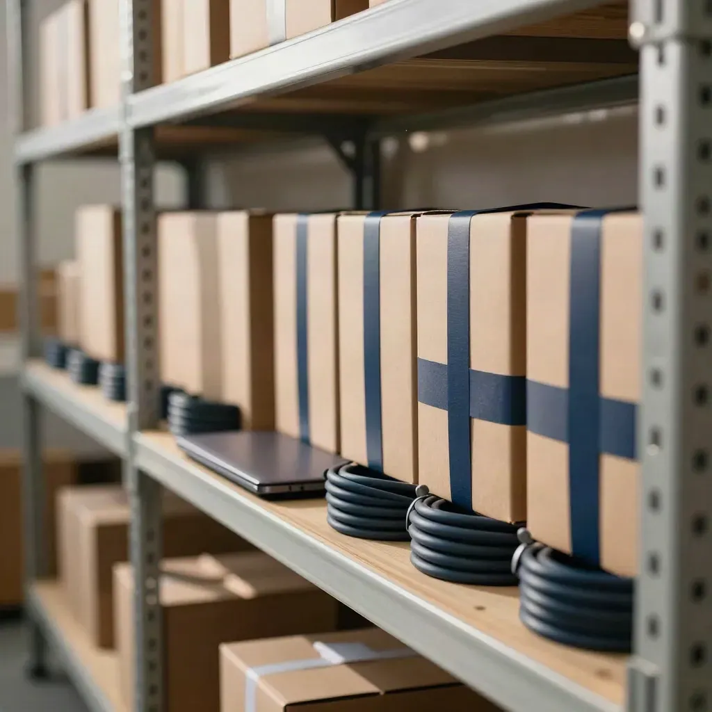 Sealed device boxes, a closed laptop, and cable bundles arranged on a warm launch shelf.