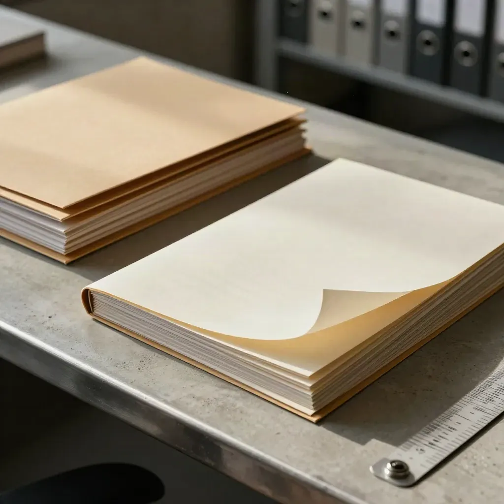 Final proof stack and closed duplicate folders on a production desk, frozen in soft daylight.