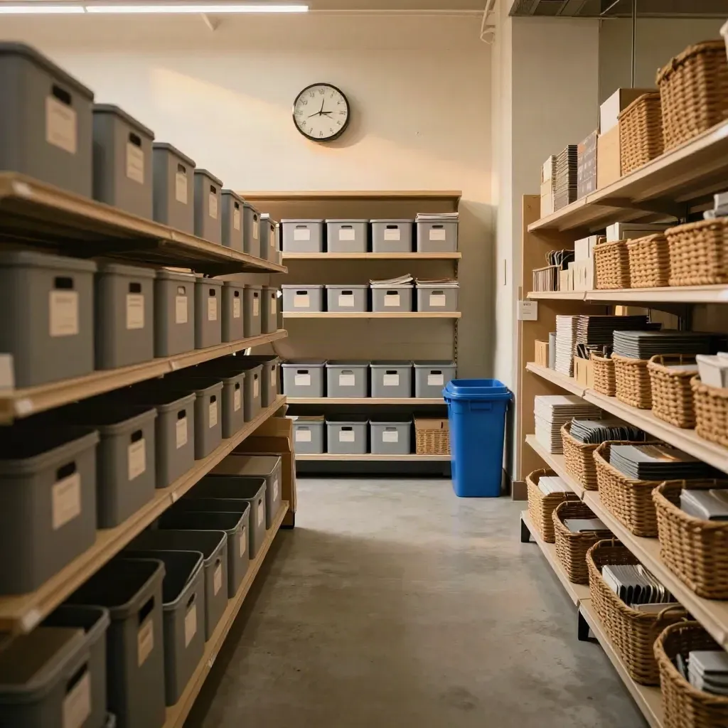 Organized store backroom with bins, baskets, and a wall clock above a clear packing lane.
