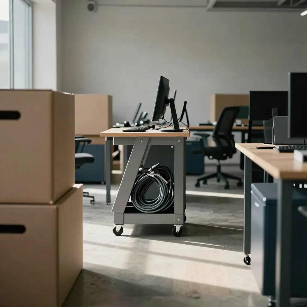 Empty office move with crates, rolling cart, and reconnected workstations in morning haze.