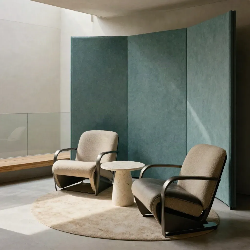 Quiet consulting nook with sculptural chairs, round table, and teal acoustic screens.