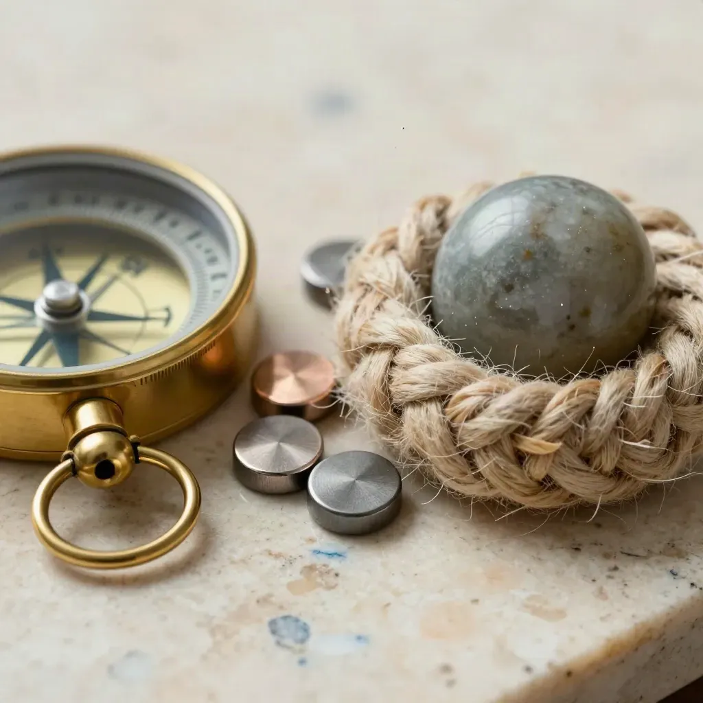 Macro of a brass compass, weighted tokens and stone paperweight on woven wool.