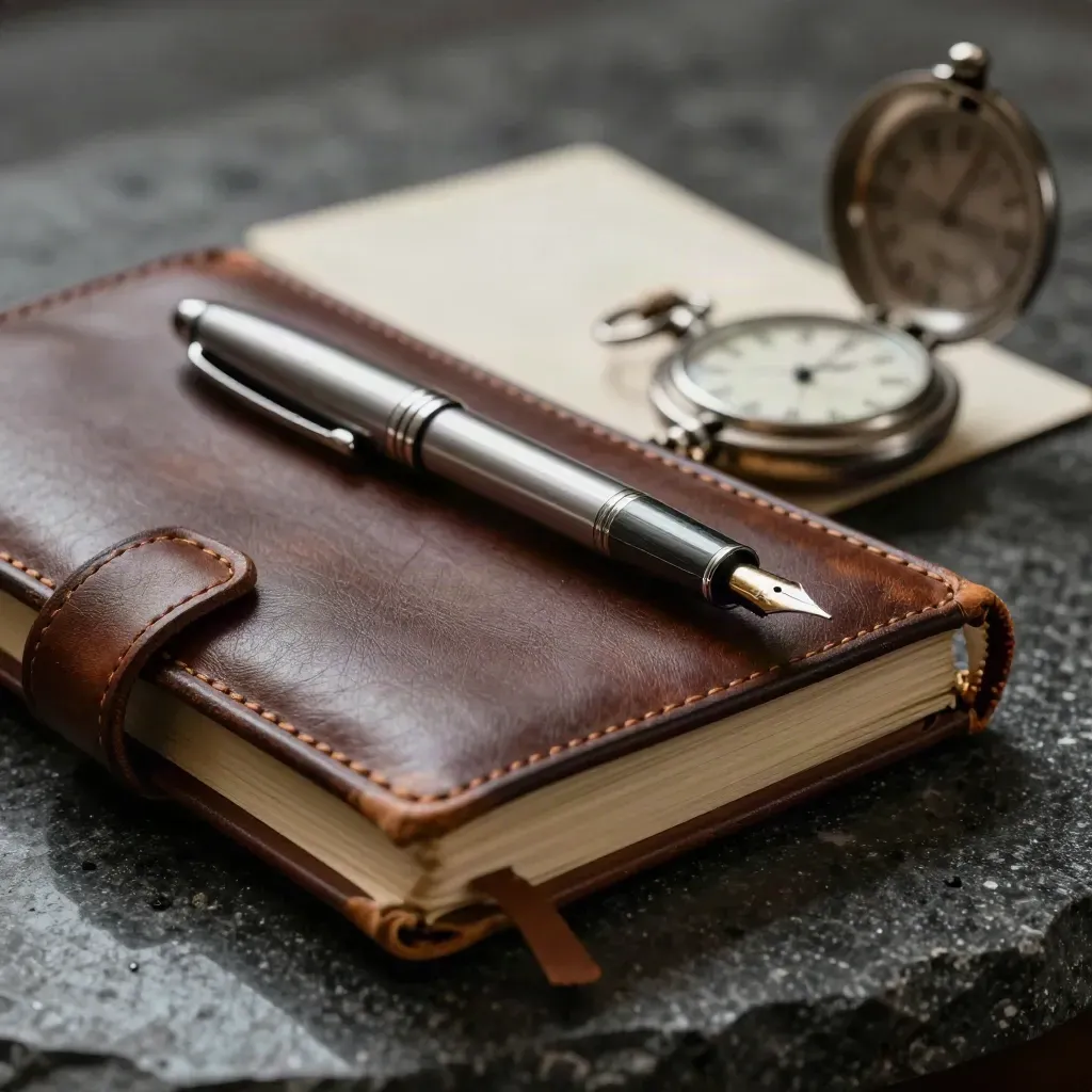 Leather journal, fountain pen and pocket watch on basalt with dramatic studio light