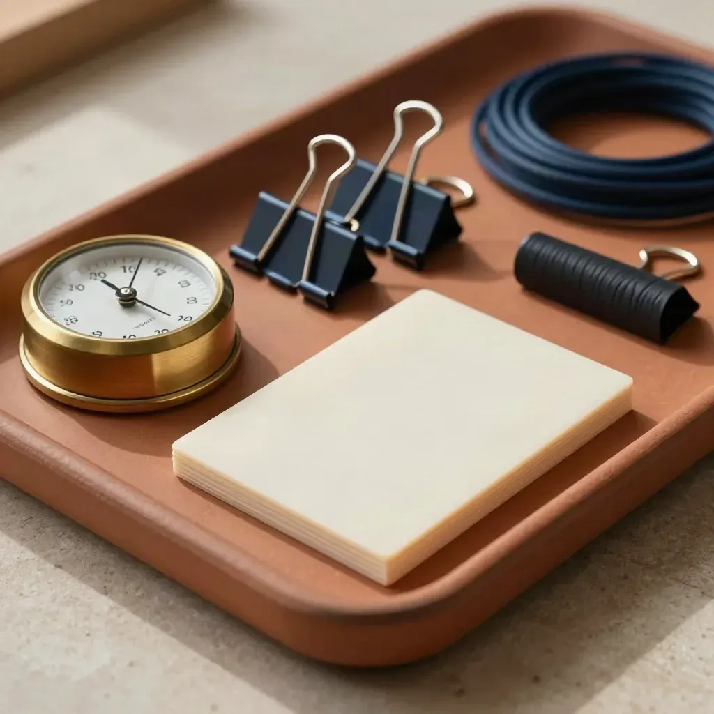 Project-ops still life with brass timer, binder clips, index tiles and coiled cord on terracotta.