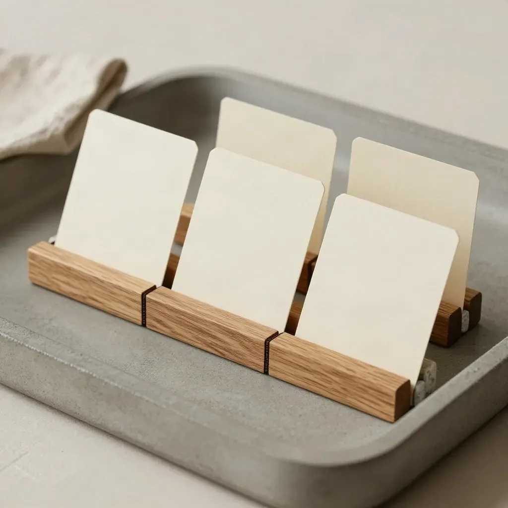 Three blank workflow cards, stone spacers, and a split wooden block on a neutral tray.