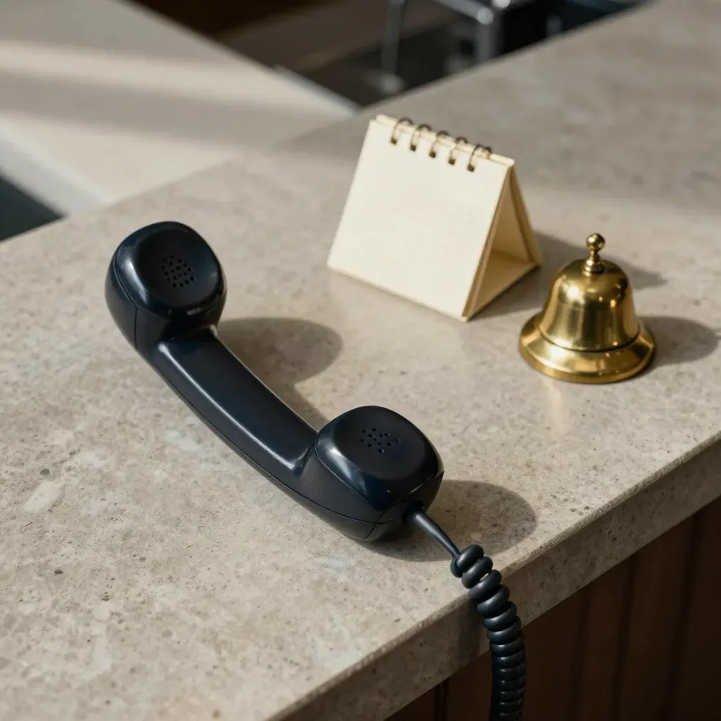 Overhead flatlay of an off-hook handset, blank calendar cube and brass bell on pale stone.