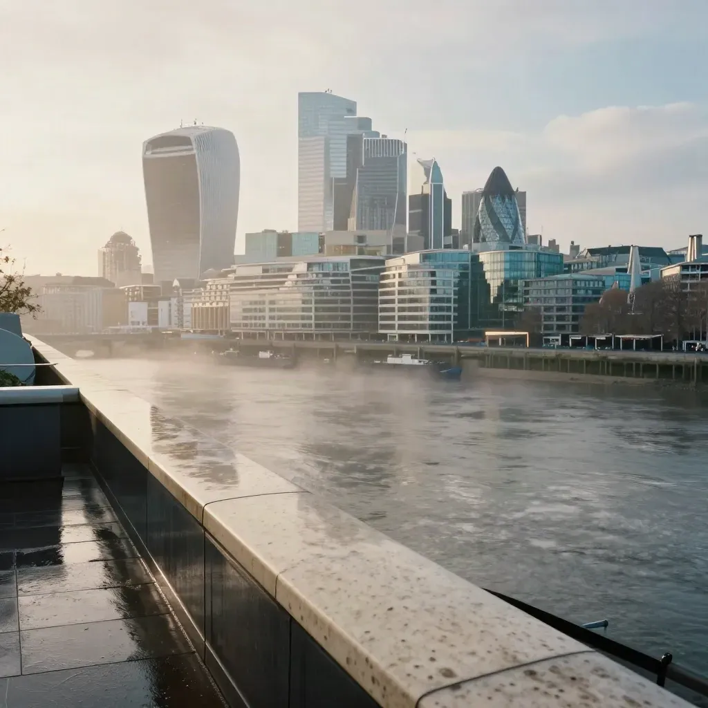 London skyline over the Thames at dawn with river mist from a rooftop edge