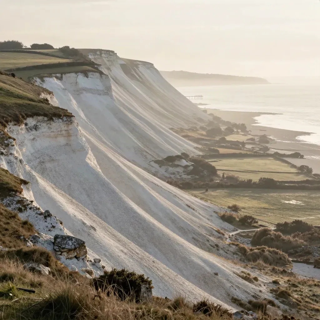 Chalk downs and a hazy South East shoreline with a faint pier silhouette above calm fields.