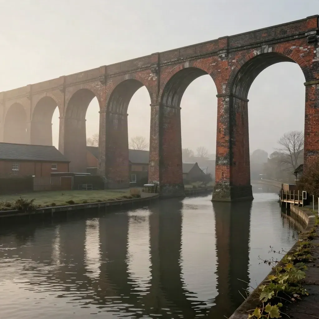 Misty Midlands viaduct over a calm canal basin with warehouse roofs and steel-gray water.