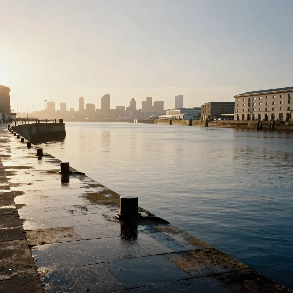 Liverpool docks at golden hour with wet quays, calm water, haze, and a high skyline