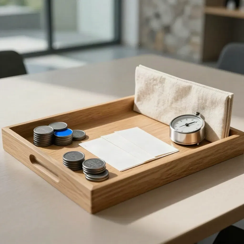 Facilitation tray with tokens, blank cards, and a timer on pale oak in soft daylight