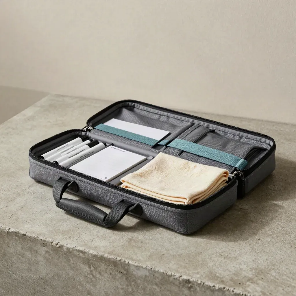 Open carry case with markers, blank tabs and cloth sleeve on pale concrete.