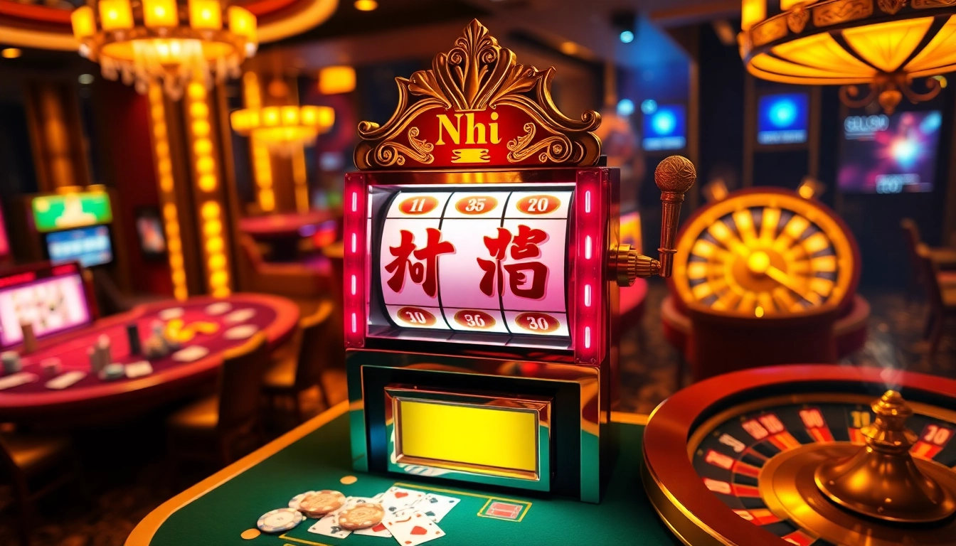 Nổ hũ slot machine in an exciting casino environment with colorful chips and roulette wheel.