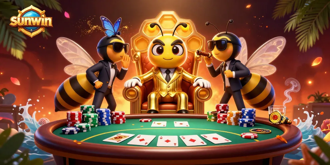 Sunwin poker illustration featuring a bumblebee mob boss with wasp bodyguards in a vibrant casino scene.
