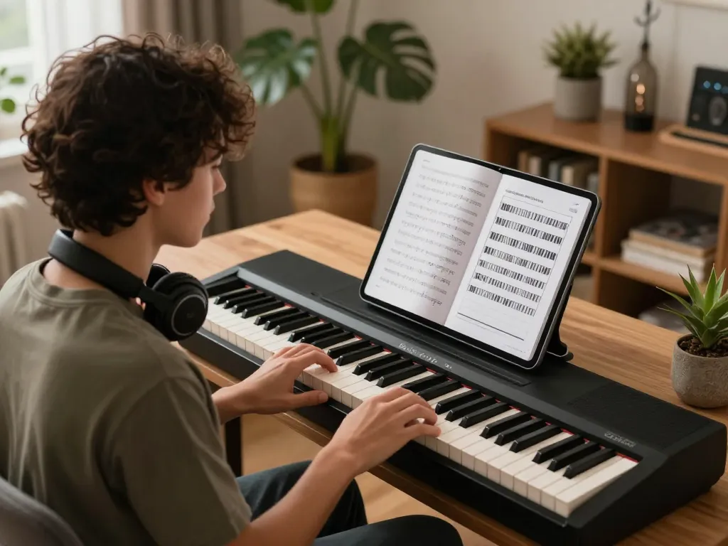 Music learning with the GO 88 digital piano in a cozy study.