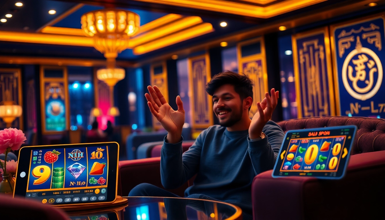 Nổ Hũ slot game experience in an elegant online casino setting with vibrant colors and excited players.