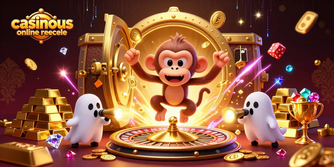 Engage in casinous online roulette with a playful ghost-hunter puppy tracking a mischievous monkey juggling golden treasures.