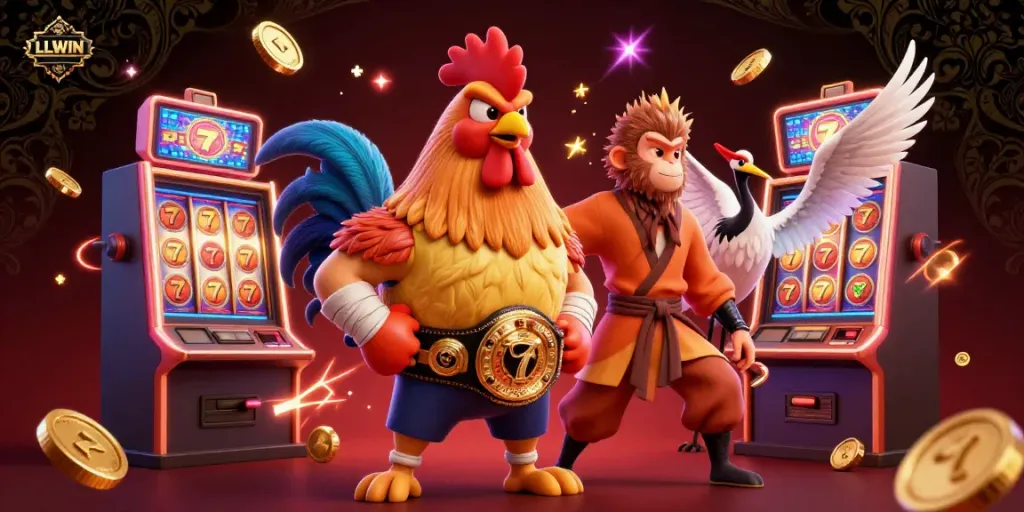 LLWIN showcases thrilling online slots with vibrant game machines and energetic characters gaming.