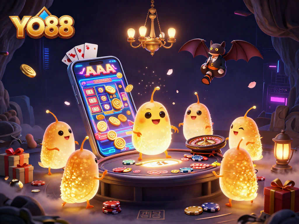 Experience YO88's vibrant casino environment with glowworms, a bat dealer, and dynamic game elements.